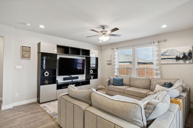 14520 Caelum Dr, Haslet, TX 76052 - living room featuring light wood-style flooring, a ceiling fan, baseboards, and recessed lighting