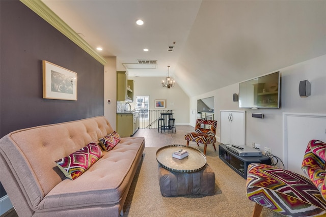 6722 Lakewood Blvd, Dallas, TX 75214 - living room featuring vaulted ceiling, visible vents, an inviting chandelier, and recessed lighting