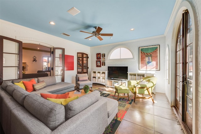 6722 Lakewood Blvd, Dallas, TX 75214 - living room featuring french doors, a ceiling fan, crown molding, and visible vents