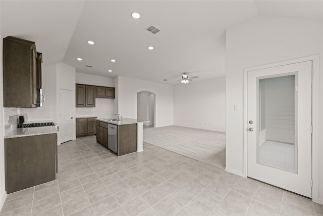 919 Madeline Ln, Cleburne, TX 76033 - kitchen with a sink, stainless steel appliances, open floor plan, arched walkways, and vaulted ceiling