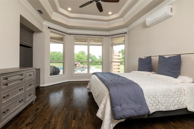 1413 Artesia Ln, Mclendon Chisholm, TX 75032 - bedroom featuring visible vents, a wall mounted air conditioner, dark wood-type flooring, and ornamental molding