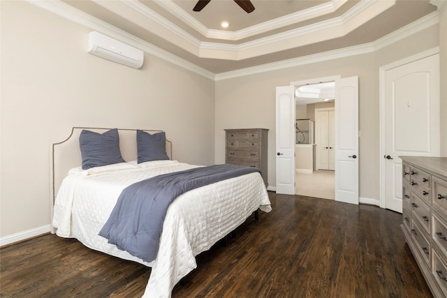 1413 Artesia Ln, Mclendon Chisholm, TX 75032 - bedroom with a wall mounted air conditioner, wood finished floors, a tray ceiling, and ornamental molding