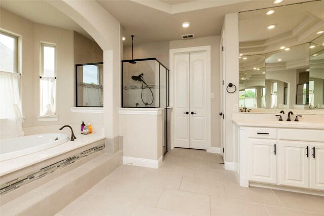1413 Artesia Ln, Mclendon Chisholm, TX 75032 - bathroom featuring a garden tub, visible vents, a stall shower, vanity, and tile patterned floors
