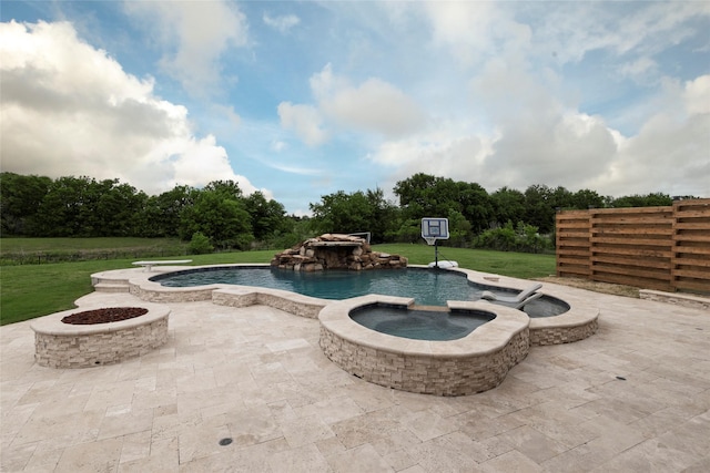1413 Artesia Ln, Mclendon Chisholm, TX 75032 - view of pool with a yard, a patio, a pool with connected hot tub, and a fire pit