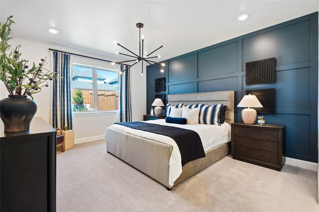 216 Freedom Trl, Forney, TX 75126 - bedroom with baseboards, a decorative wall, a chandelier, recessed lighting, and light carpet