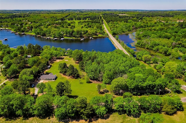 birds eye view of property featuring a view of trees and a water view