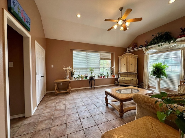 2610 Jakes Ct, Midlothian, TX 76065 - living area with lofted ceiling, a ceiling fan, baseboards, recessed lighting, and light tile patterned flooring