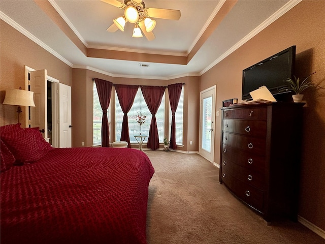 2610 Jakes Ct, Midlothian, TX 76065 - bedroom featuring a tray ceiling, carpet floors, ornamental molding, ceiling fan, and baseboards