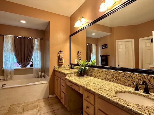 2610 Jakes Ct, Midlothian, TX 76065 - bathroom featuring a garden tub, double vanity, and tile patterned floors