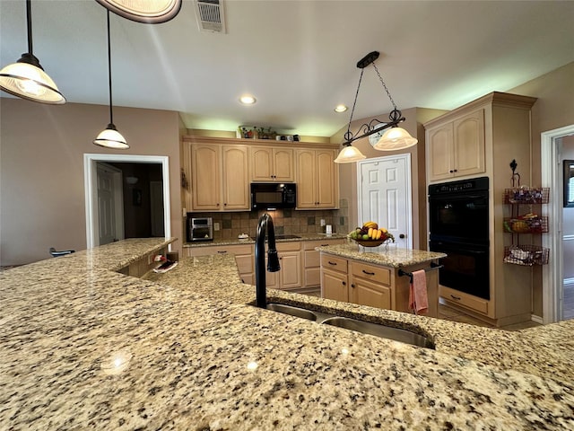 2610 Jakes Ct, Midlothian, TX 76065 - kitchen featuring black appliances, a sink, light brown cabinetry, light stone counters, and tasteful backsplash