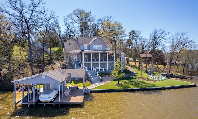712 Camp Cypress Trl, Winnsboro, TX 75494 - rear view of house featuring stairs, boat lift, a sunroom, a water view, and a yard