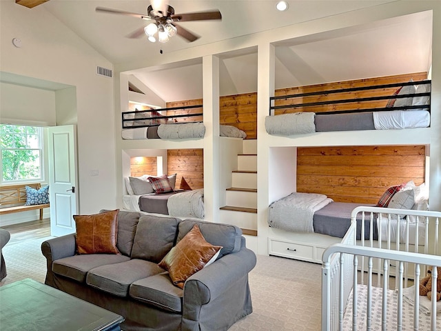 712 Camp Cypress Trl, Winnsboro, TX 75494 - carpeted bedroom featuring lofted ceiling, ceiling fan, and visible vents