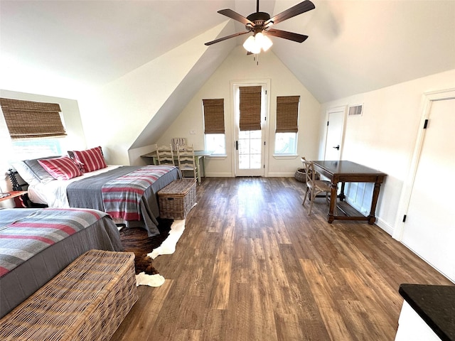 712 Camp Cypress Trl, Winnsboro, TX 75494 - bedroom featuring access to exterior, a ceiling fan, wood finished floors, lofted ceiling, and visible vents