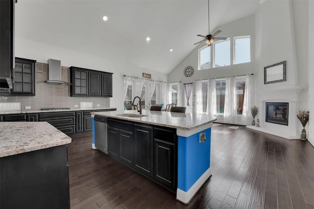 4024 Alpine Rose Ct, Roanoke, TX 76262 - kitchen featuring wall chimney range hood, stainless steel dishwasher, a sink, cooktop, and a ceiling fan