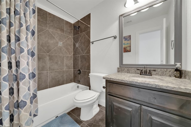 4024 Alpine Rose Ct, Roanoke, TX 76262 - bathroom featuring vanity, tile patterned floors, shower / bath combo with shower curtain, and toilet