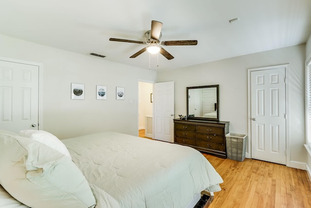 6345 Bordeaux Ave, Dallas, TX 75209 - bedroom featuring visible vents, light wood-style floors, and ceiling fan
