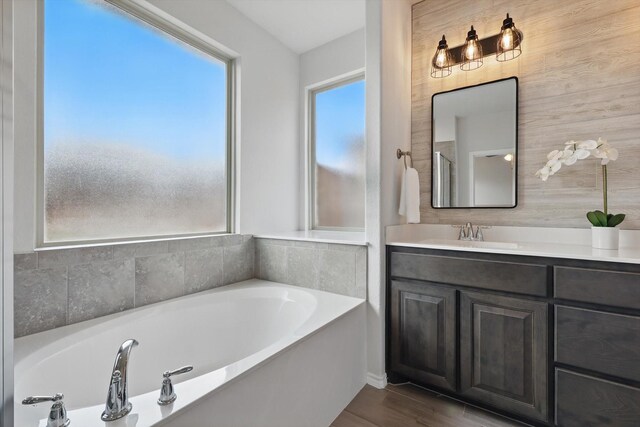 full bath featuring a bath, wood finished floors, and vanity