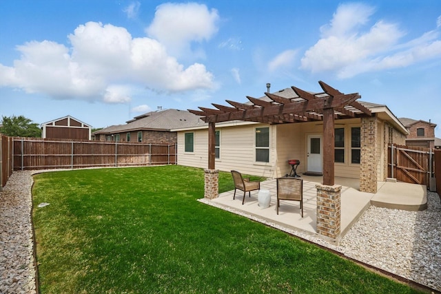 rear view of house featuring a pergola, a patio, a fenced backyard, and a lawn