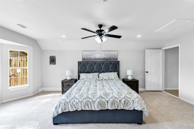 2416 Glacier St, Irving, TX 75062 - carpeted bedroom with attic access, vaulted ceiling, baseboards, ceiling fan, and recessed lighting