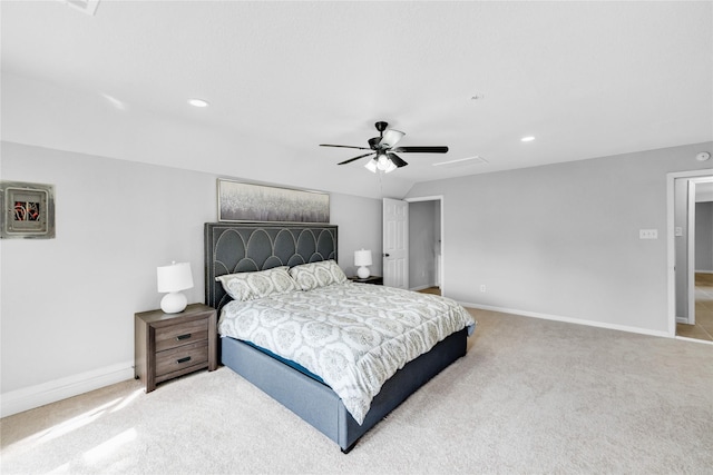 2416 Glacier St, Irving, TX 75062 - bedroom with light carpet, baseboards, recessed lighting, and a ceiling fan