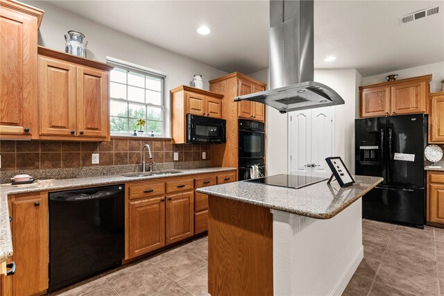 2800 Lomas Rodando Calzada, Kempner, TX 76539 - kitchen featuring black appliances, island range hood, decorative backsplash, a center island, and light tile patterned floors