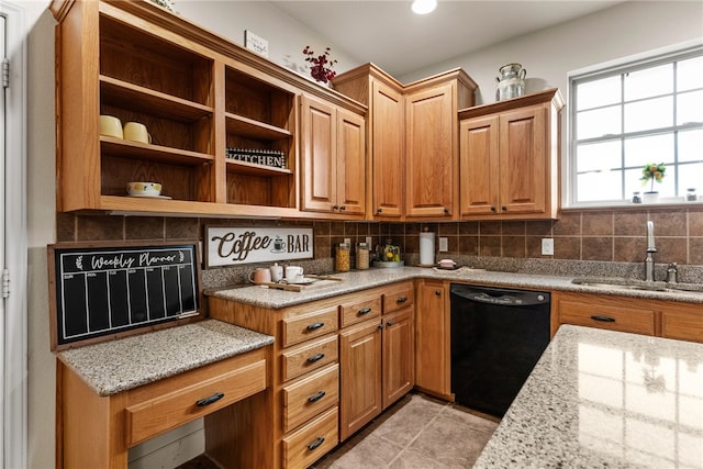 2800 Lomas Rodando Calzada, Kempner, TX 76539 - kitchen featuring dishwasher, backsplash, light stone counters, and open shelves