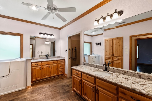 bathroom featuring wood finished floors, a sink, ceiling fan, and visible vents