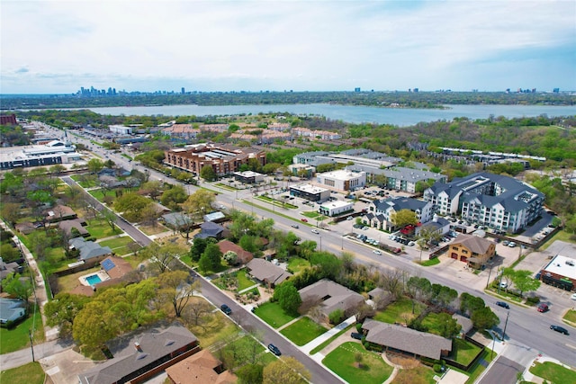 aerial view featuring a view of city and a water view