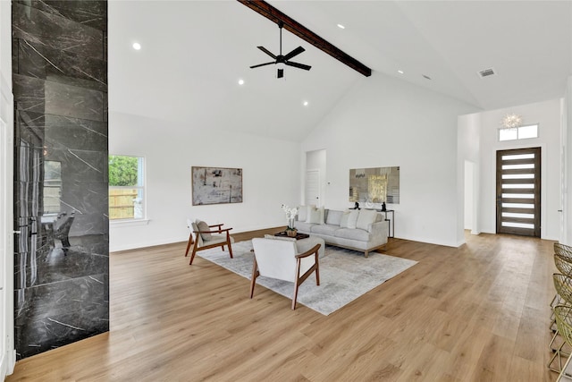 living room featuring visible vents, a ceiling fan, beamed ceiling, light wood-style floors, and high vaulted ceiling