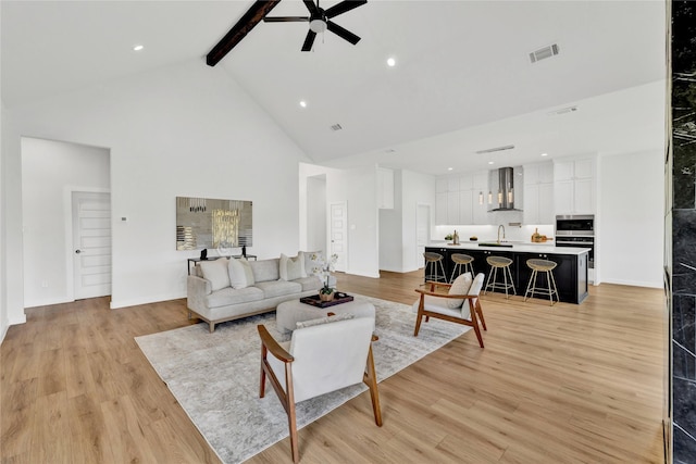 living room with high vaulted ceiling, light wood-type flooring, ceiling fan, beam ceiling, and visible vents