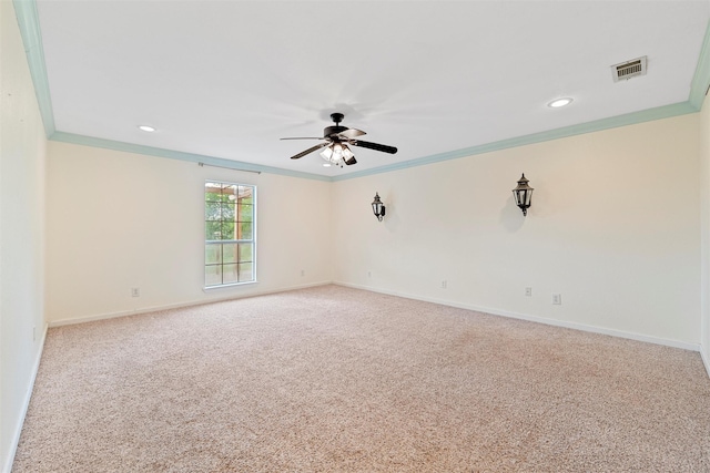 709 Verde Dr, Burleson, TX 76028 - unfurnished room with ceiling fan, visible vents, baseboards, ornamental molding, and carpet floors