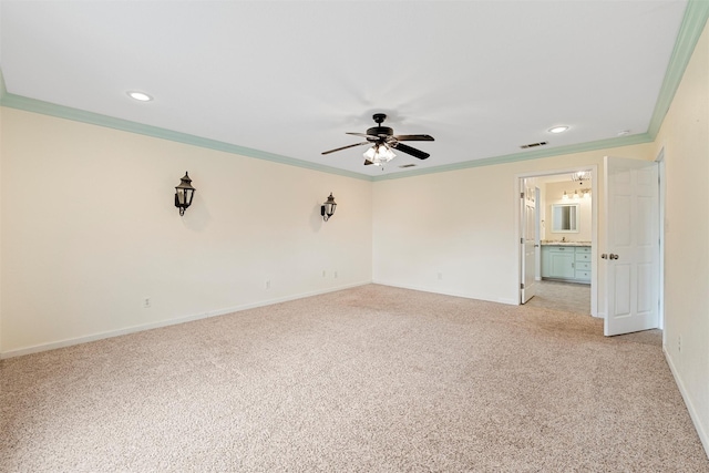 709 Verde Dr, Burleson, TX 76028 - spare room with crown molding, visible vents, baseboards, light carpet, and a ceiling fan