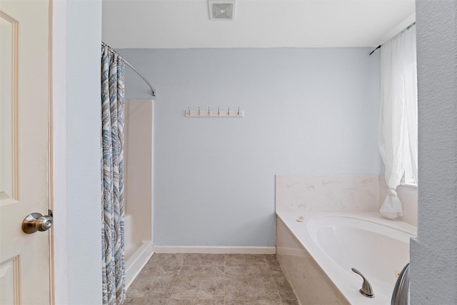 709 Verde Dr, Burleson, TX 76028 - full bathroom with a shower with shower curtain, visible vents, tile patterned floors, and a tub