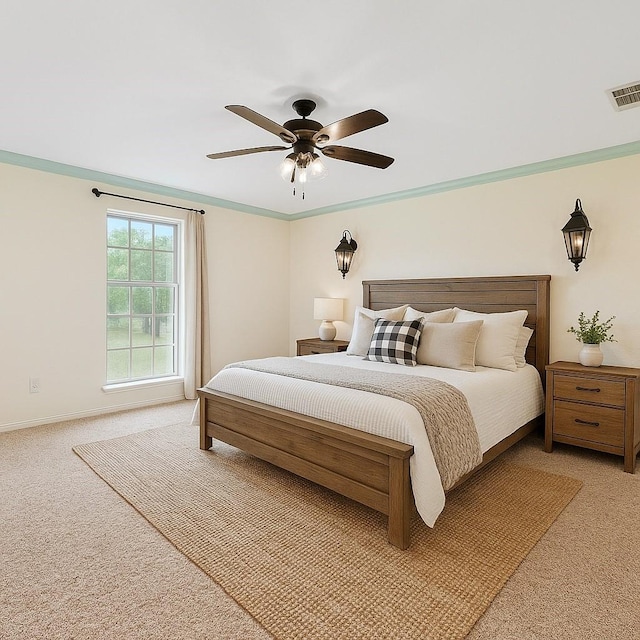 709 Verde Dr, Burleson, TX 76028 - bedroom with baseboards, visible vents, a ceiling fan, and light colored carpet