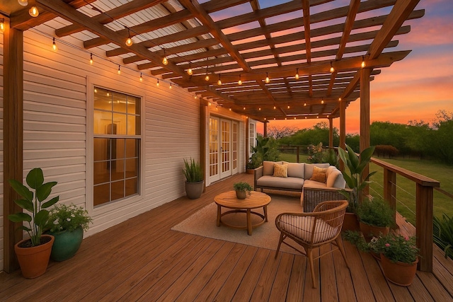 709 Verde Dr, Burleson, TX 76028 - wooden terrace with french doors, an outdoor hangout area, and a pergola