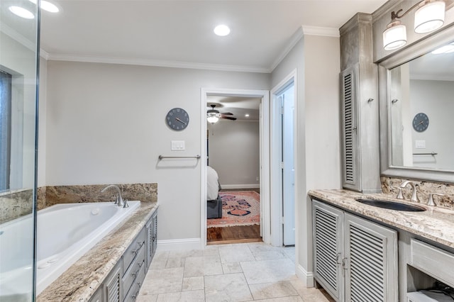 bathroom featuring connected bathroom, crown molding, vanity, a ceiling fan, and a garden tub