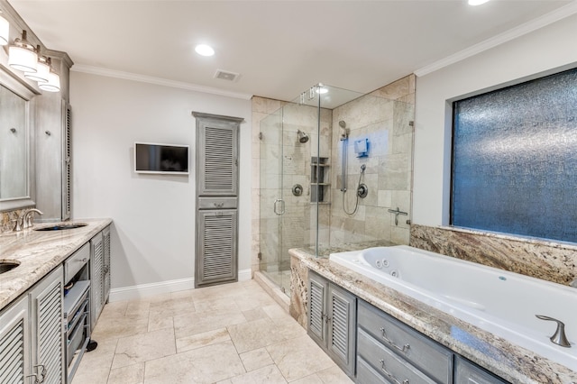 full bath with a stall shower, baseboards, crown molding, and a sink