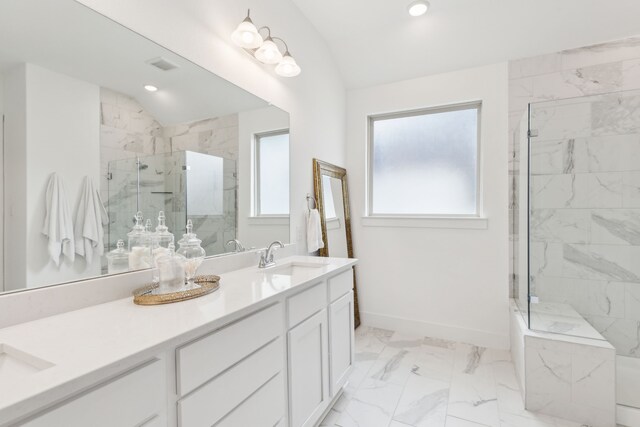 3644 Platte River Trl, Prosper, TX 75078 - full bath featuring a healthy amount of sunlight, a marble finish shower, marble finish floor, and a sink