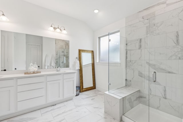 3644 Platte River Trl, Prosper, TX 75078 - bathroom with double vanity, vaulted ceiling, marble finish floor, a sink, and a marble finish shower