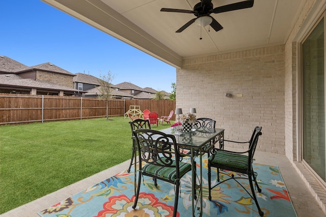3644 Platte River Trl, Prosper, TX 75078 - view of patio featuring outdoor dining space, ceiling fan, and a fenced backyard