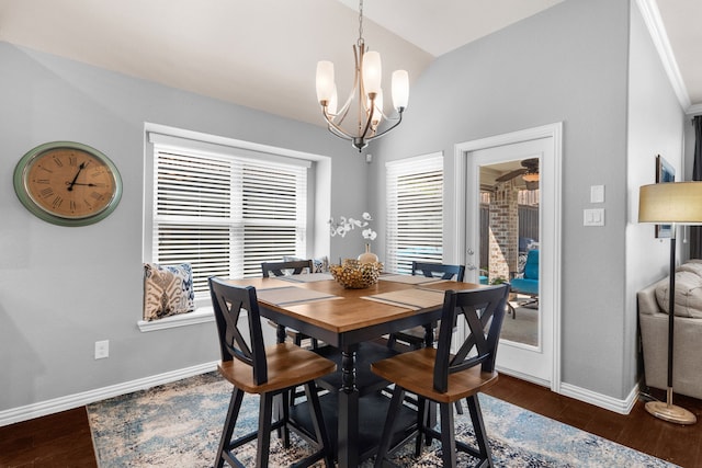 5604 Datewood Ln, Mckinney, TX 75071 - dining room with baseboards, wood finished floors, lofted ceiling, and a chandelier