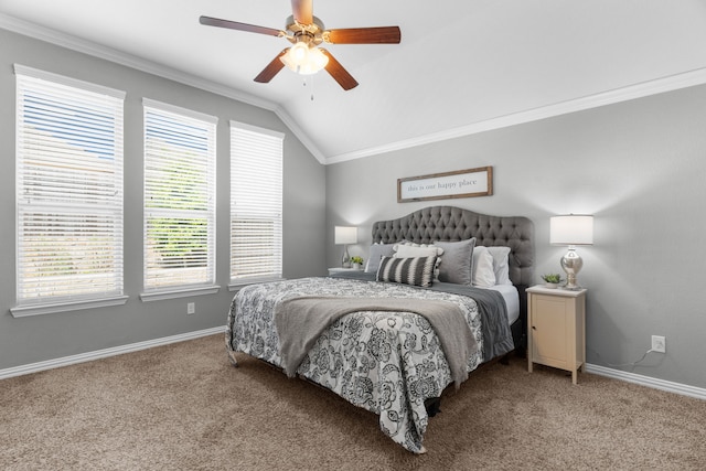 5604 Datewood Ln, Mckinney, TX 75071 - carpeted bedroom featuring crown molding, baseboards, multiple windows, vaulted ceiling, and a ceiling fan