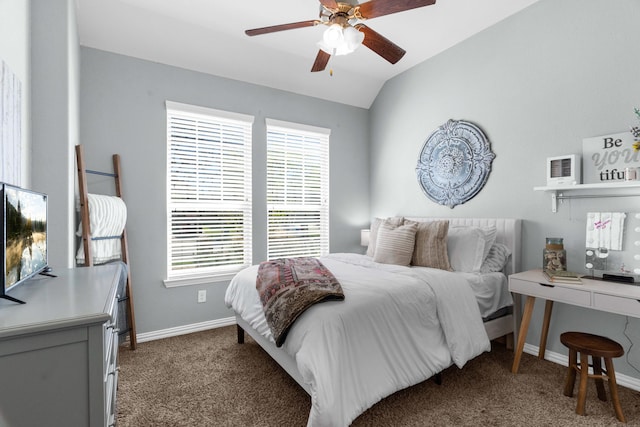 5604 Datewood Ln, Mckinney, TX 75071 - carpeted bedroom featuring baseboards, vaulted ceiling, and a ceiling fan