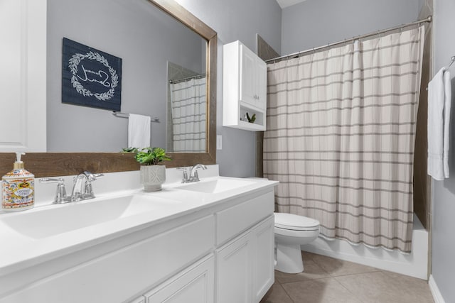 5604 Datewood Ln, Mckinney, TX 75071 - full bathroom featuring toilet, double vanity, tile patterned flooring, and shower / bathtub combination with curtain