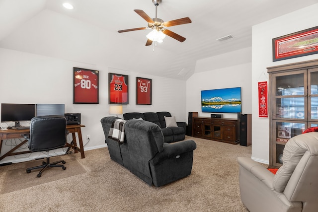 5604 Datewood Ln, Mckinney, TX 75071 - living area featuring lofted ceiling, carpet, a ceiling fan, baseboards, and a desk