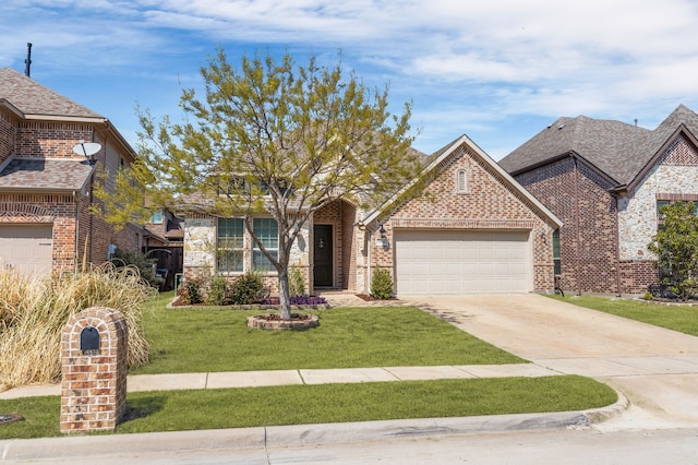 5604 Datewood Ln, Mckinney, TX 75071 - view of front facade with a garage, brick siding, a front lawn, and driveway