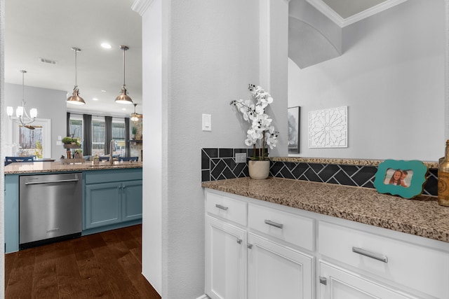 5604 Datewood Ln, Mckinney, TX 75071 - bar area featuring dishwasher, a sink, dark wood-style flooring, ornamental molding, and backsplash
