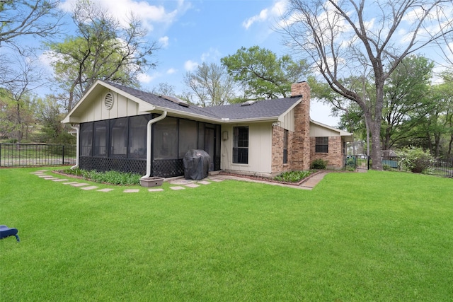 1 Cedar Bend Trl, Lucas, TX 75002 - rear view of property with a chimney, a sunroom, roof with shingles, and board and batten siding