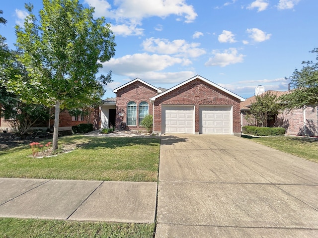 single story home with a front lawn, driveway, brick siding, and an attached garage
