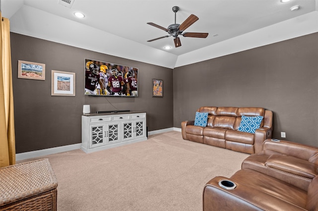 7501 Kickapoo Dr, Mckinney, TX 75070 - living room featuring ceiling fan, visible vents, light colored carpet, vaulted ceiling, and baseboards
